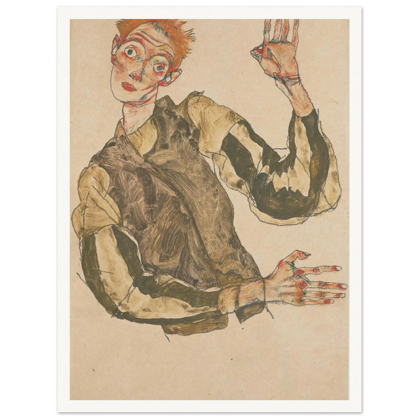 Self-Portrait with Striped Sleeves (1915) Art Print | Egon Schiele-Quipham Collections