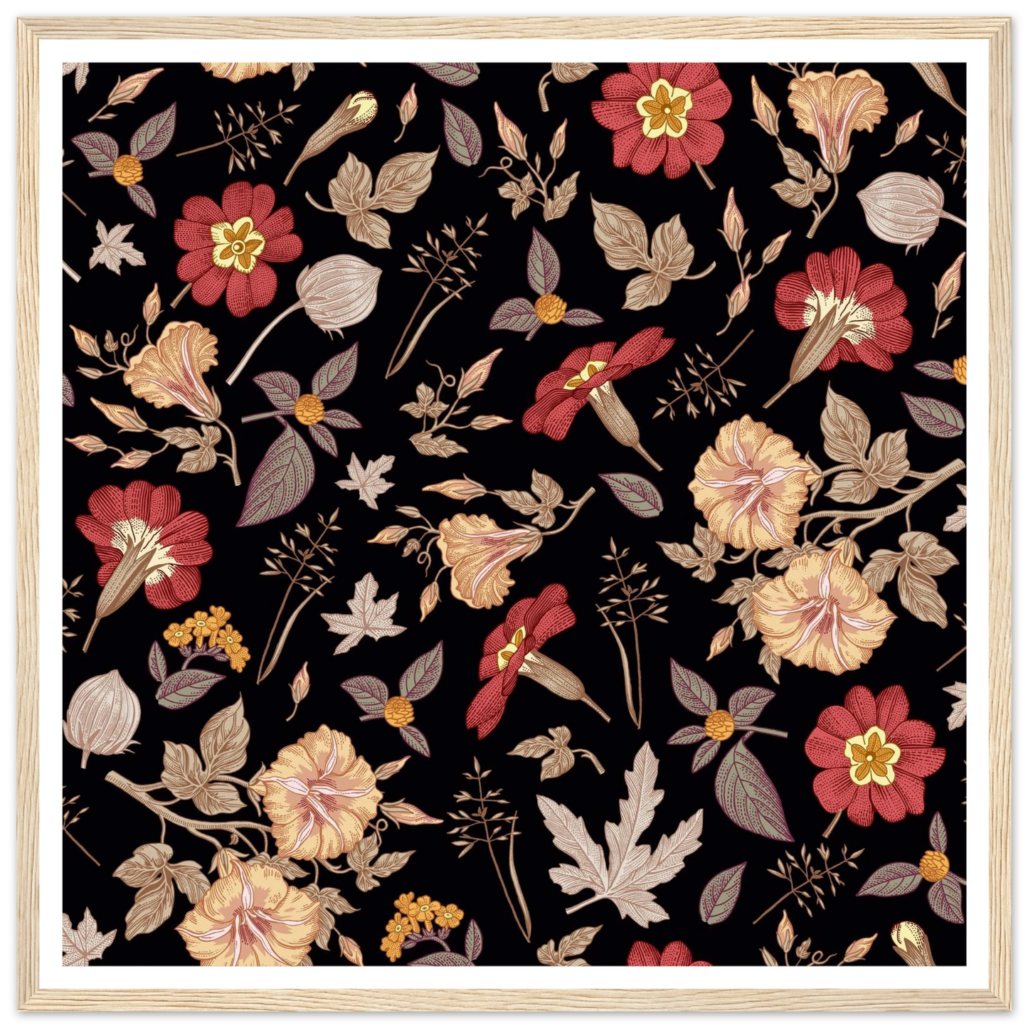 Faded Crimson Dark Vine Art Print | William Morris Inspired - Framed Poster - 30x30 cm / 12x12″ - Black frame