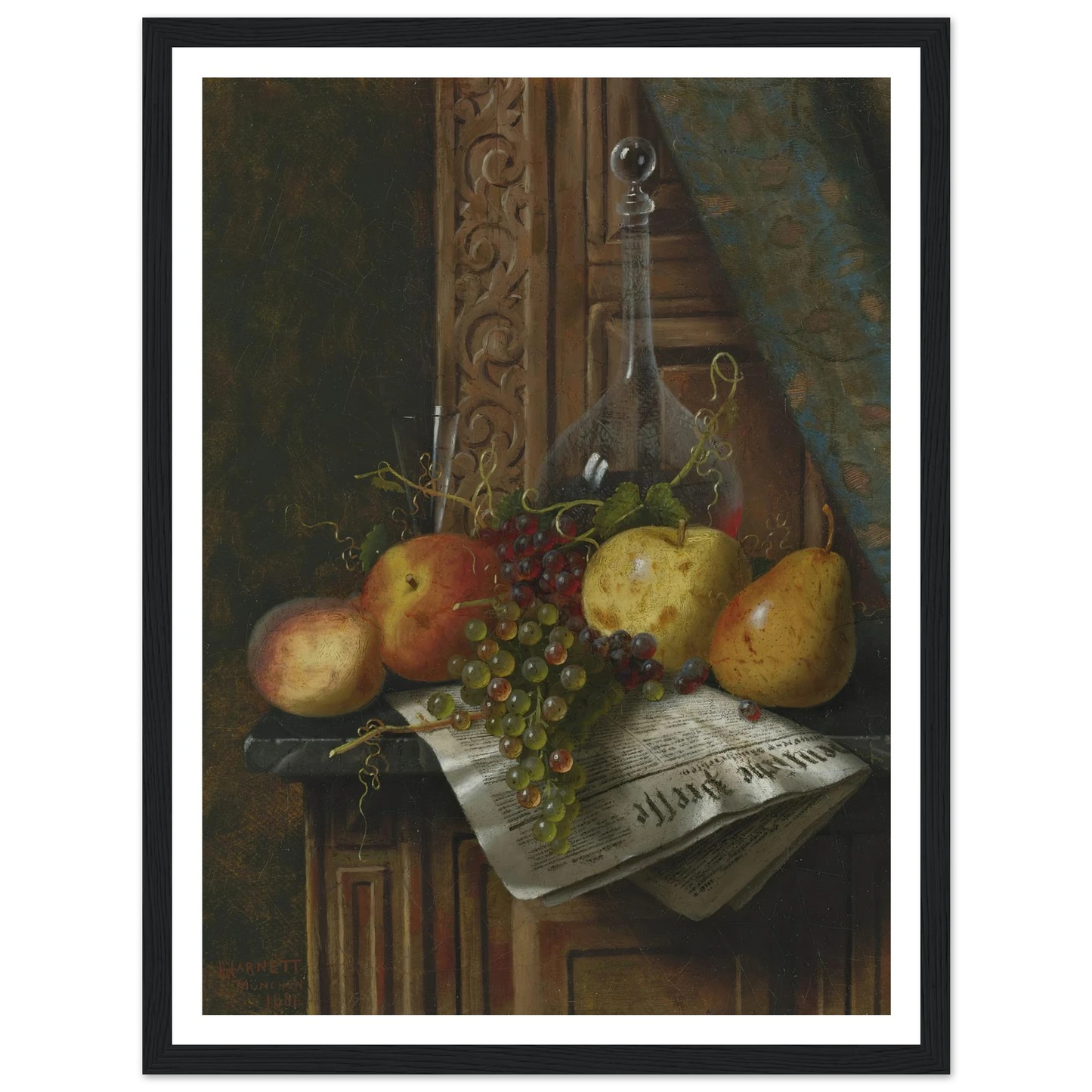 Still Life with Munich Newspaper, Fruit and Decanter (1881) Art Print | William Michael Harnett-Quipham Collections