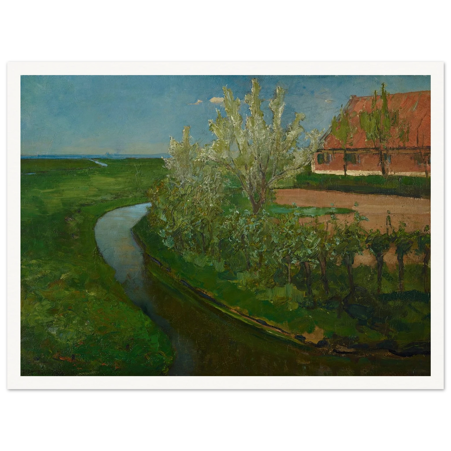 Gebogen irrigatiegracht grenzend aan boerenerf met Bloeiende bomen (Curved Irrigation Ditch Bordering Farmyard with Flowering Trees) (1902) Art Print | Piet Mondrian-Quipham Collections