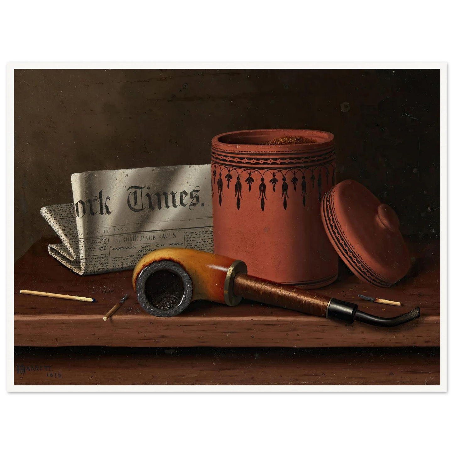 Still Life with New York Times, Tobacco Jar, Pipe and Matches (1879) Art Print | William Michael Harnett-Quipham Collections