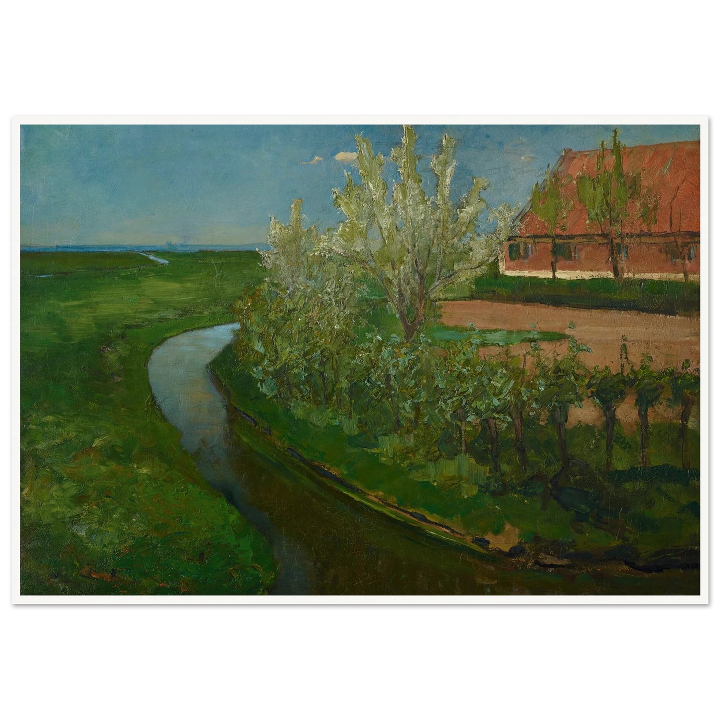 Gebogen irrigatiegracht grenzend aan boerenerf met Bloeiende bomen (Curved Irrigation Ditch Bordering Farmyard with Flowering Trees) (1902) Art Print | Piet Mondrian-Quipham Collections
