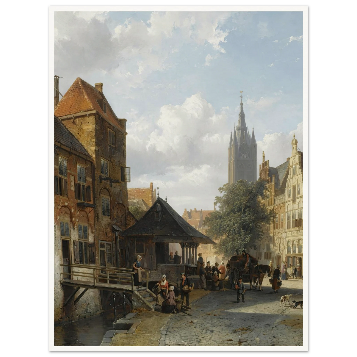 Figures At The Fish Market In Delft (1853) Art Print | Cornelis Springer - Framed Poster - 30x40 cm / 12x16″ - Black frame