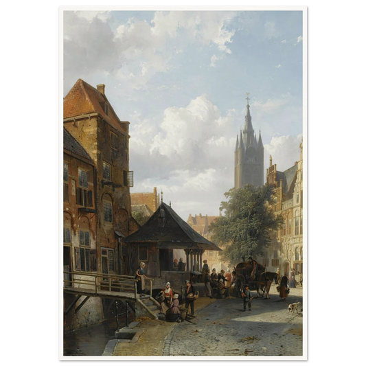 Figures At The Fish Market In Delft (1853) Art Print | Cornelis Springer - Framed Poster - 30x40 cm / 12x16″ - Black frame