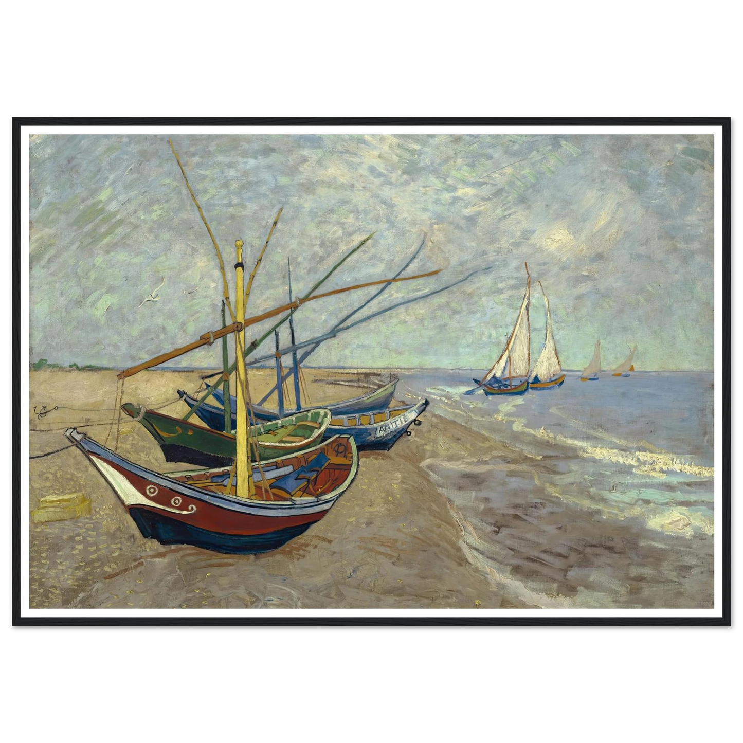 Fishing boats on the beach at Les Saintes-Maries-de-la-Mer (1888) Art Print | Vincent van Gogh - Framed Poster - 30x40 cm / 12x16″ - Black frame