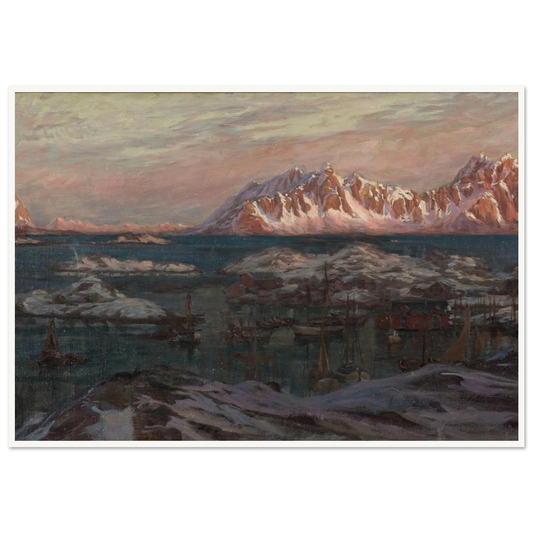 Fishing Harbour with Sunlit Mountains. Study from North Norway Art Print | Anna Boberg - Framed Poster - 30x40 cm / 12x16″ - Black frame