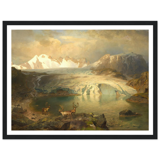 Fjordlandschaft mit Gletscher und Rentieren (1896) Art Print | August Wilhelm Leu - Framed Poster - 30x40 cm / 12x16″ - Black frame
