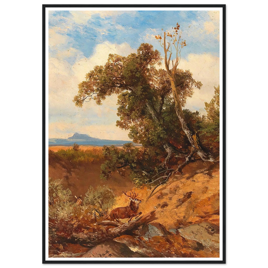 Fleeing Stag In The Foothills Of The Alps Art Print | Albert Zimmermann - Framed Poster - 30x40 cm / 12x16″ - Black frame