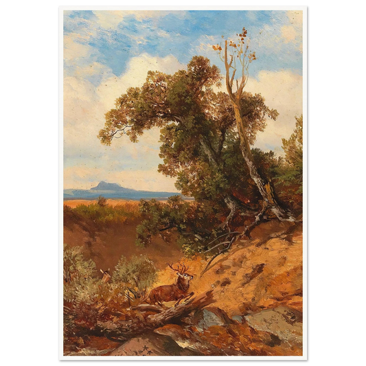 Fleeing Stag In The Foothills Of The Alps Art Print | Albert Zimmermann - Framed Poster - 30x40 cm / 12x16″ - Black frame