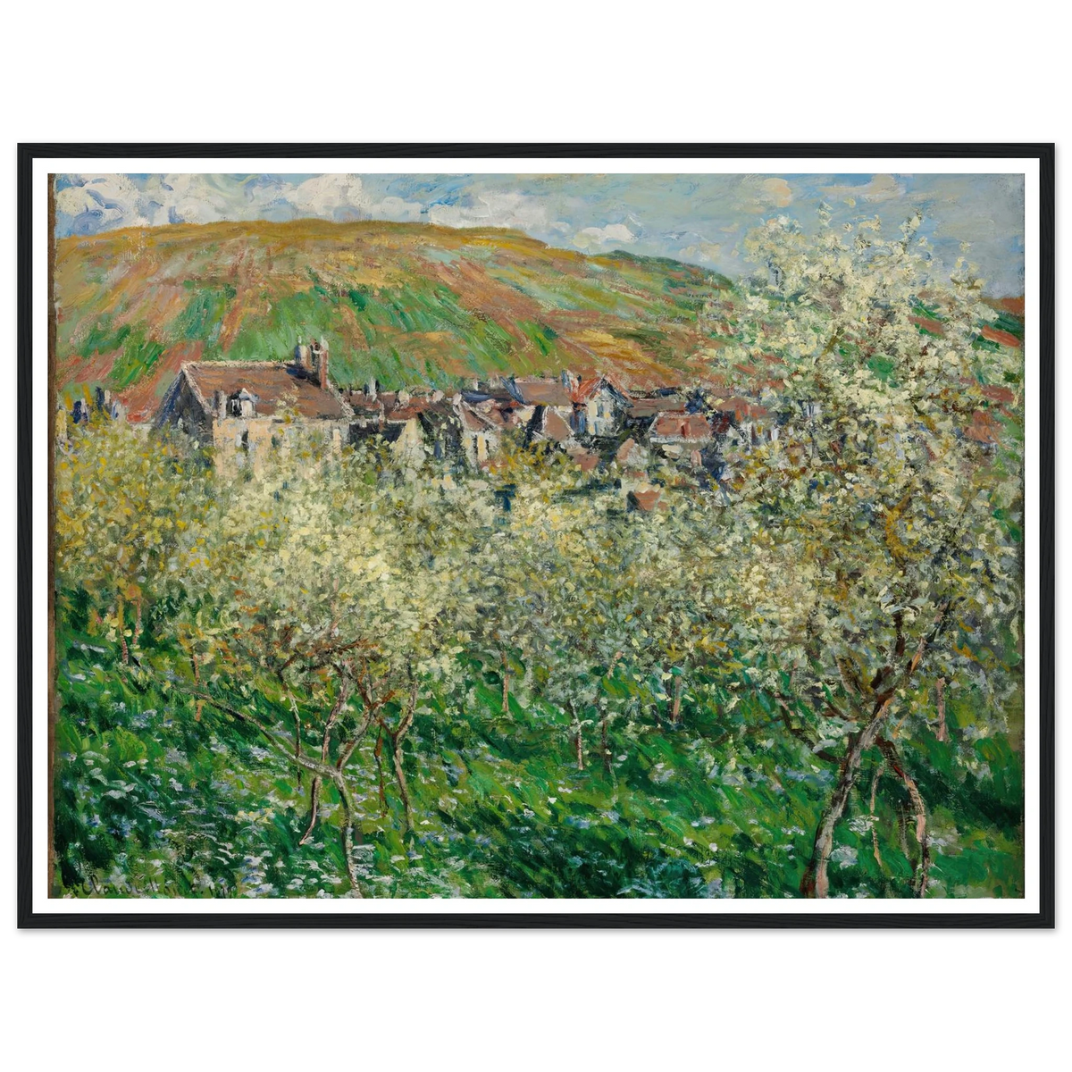 Flowering Plum Trees (1879) Art Print | Claude Monet - Framed Poster - 30x40 cm / 12x16″ - Black frame