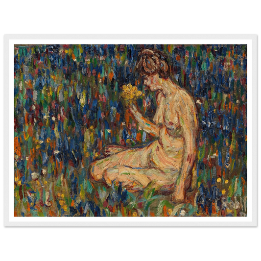 Frauenakt mit gelbem Blumenstrauß (Mädchen auf der Wiese) (1905) Art Print | Christian Rohlfs - Framed Poster - 30x40 cm / 12x16″ - Black frame
