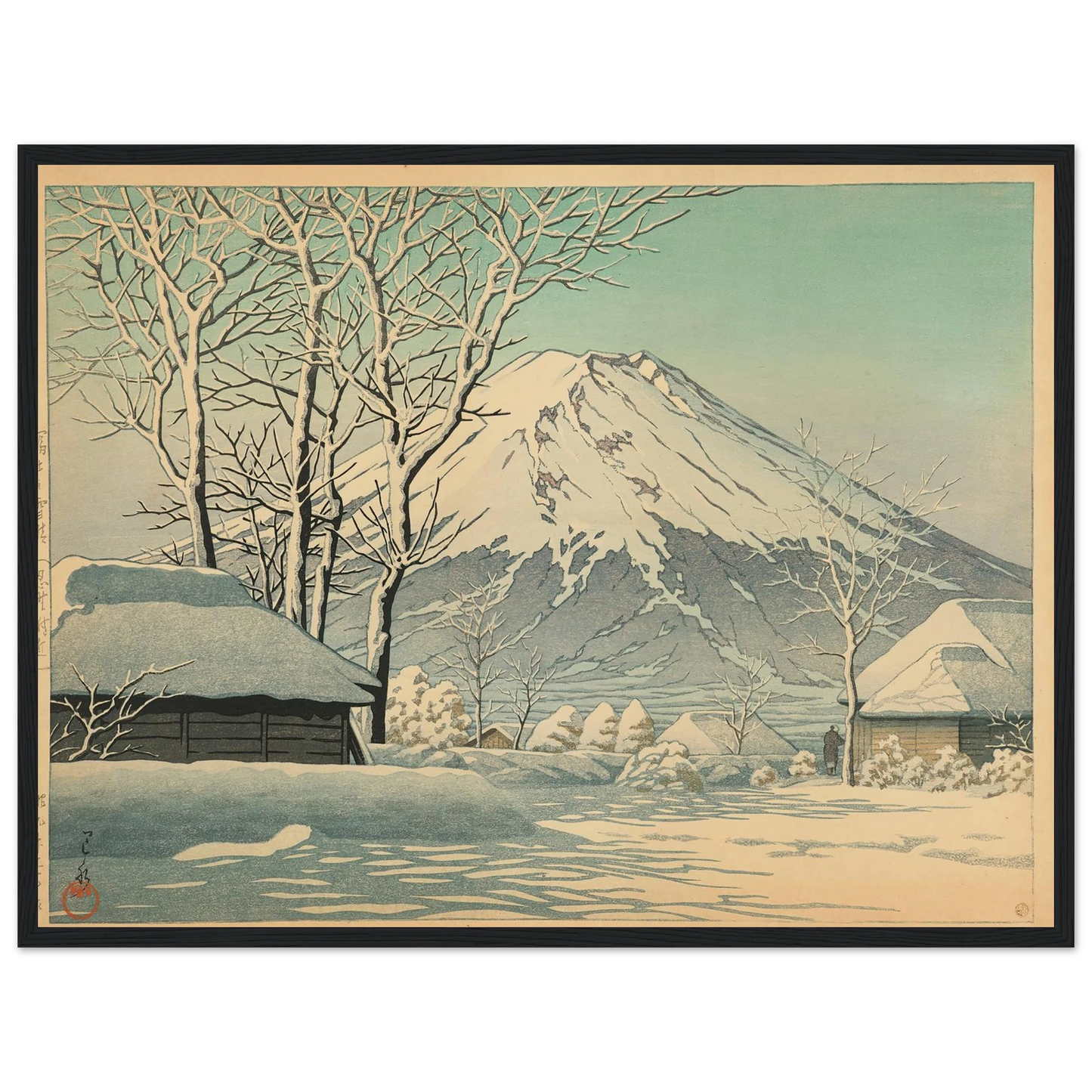 Fuji no yukibare, Oshino fukin (Mt. Fuji, clearing after a snowfall in Oshiono) (1952) Art Print | Kawase Hasui - Framed Poster - 30x40 cm / 12x16″ - Black frame