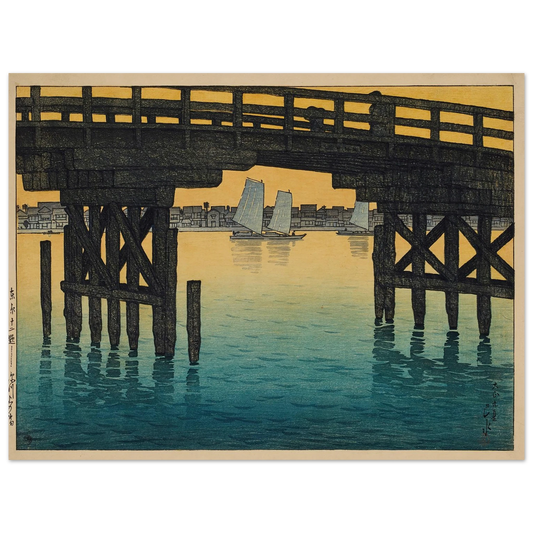 Fukagawa Kaminohashi (Kaminohashi Bridge in Fukagawa) (1920) Art Print | Kawase Hasui - Framed Poster - 30x40 cm / 12x16″ - Black frame