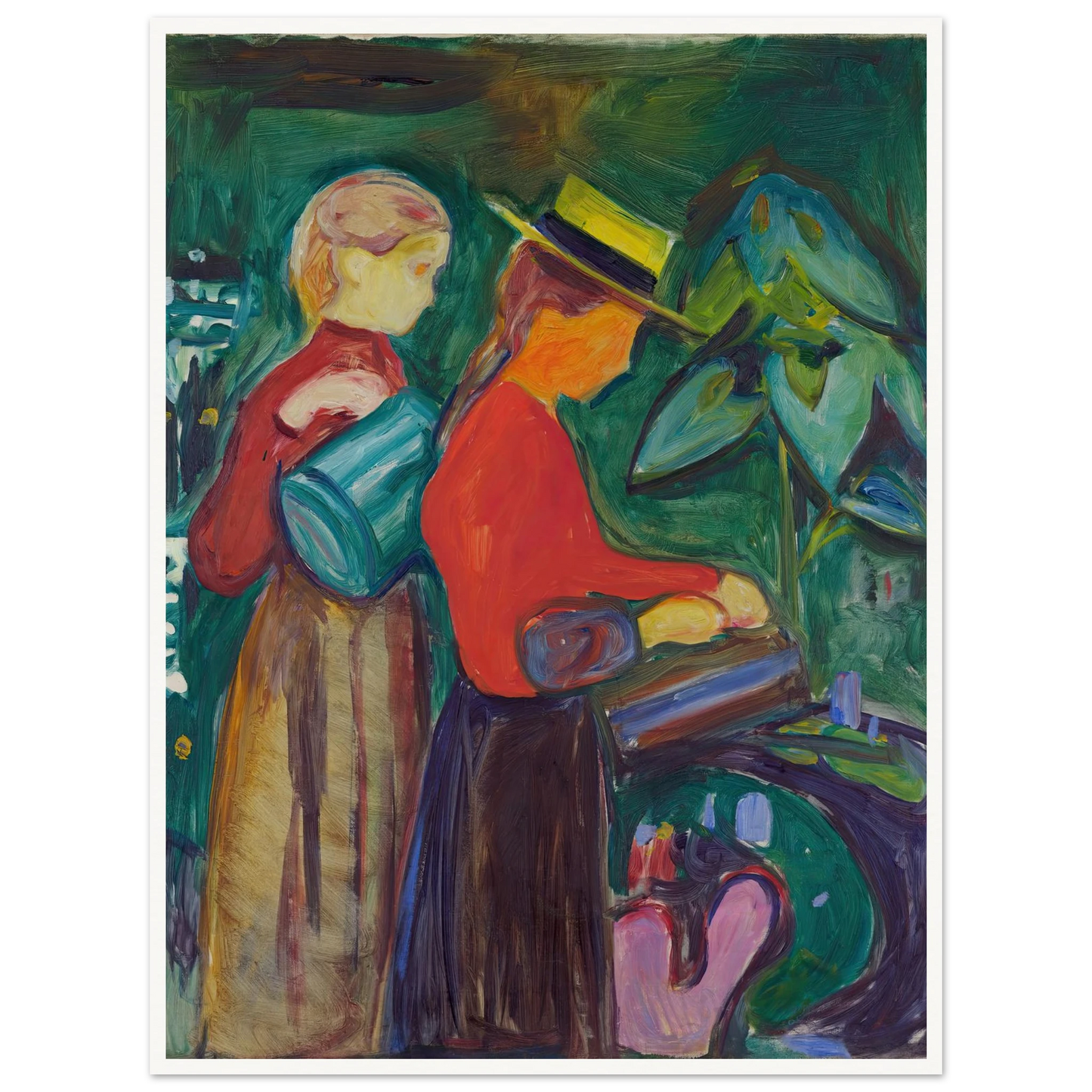 Girls watering Flowers (The Linde Frieze) (1904) Art Print | Edvard Munch - Framed Poster - 30x40 cm / 12x16″ - Black frame