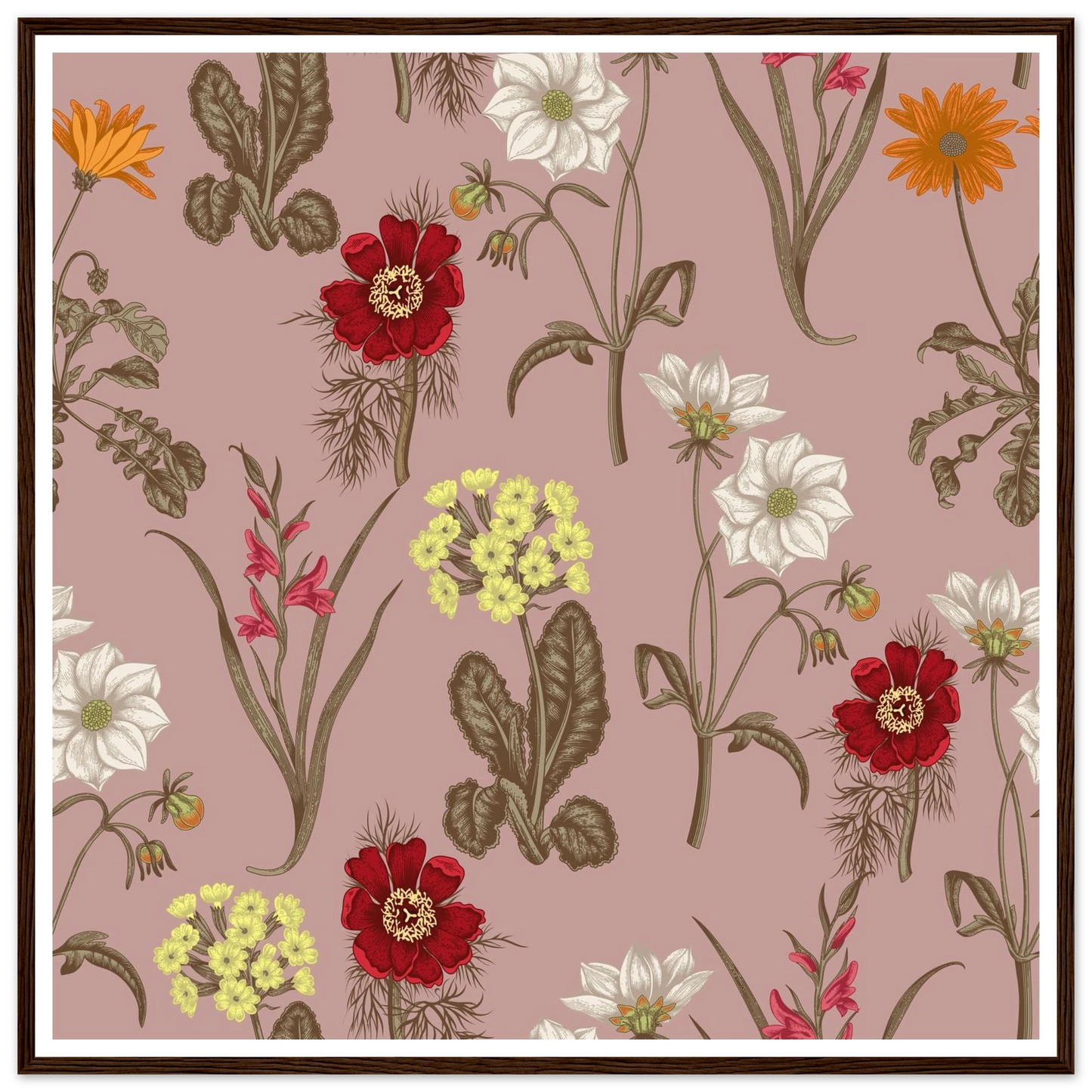 Gladiolus Bloom Patch Art Print | William Morris Inspired - Framed Poster - 30x30 cm / 12x12″ - Black frame