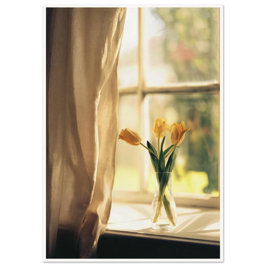 Golden Tulips on The Sill - Framed Poster - 30x40 cm / 12x16″ - Black frame