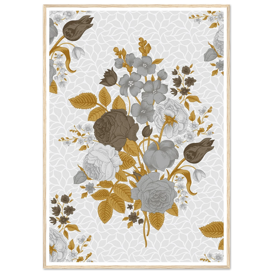 Grey & Cognac Cluster Art Print | William Morris Inspired - Framed Poster - 30x30 cm / 12x12″ - Black frame