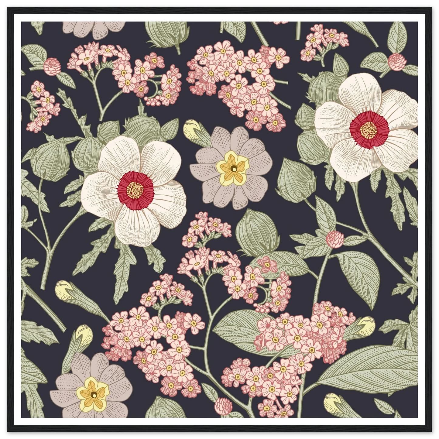 Heather Forget-Me-Not Art Print | William Morris Inspired - Framed Poster - 30x30 cm / 12x12″ - Black frame