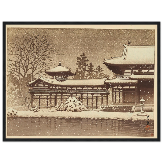 Hoodo no bosetsu (Evening snow at Phoenix Hall) (1951) Art Print | Kawase Hasui - Framed Poster - 30x40 cm / 12x16″ - Black frame