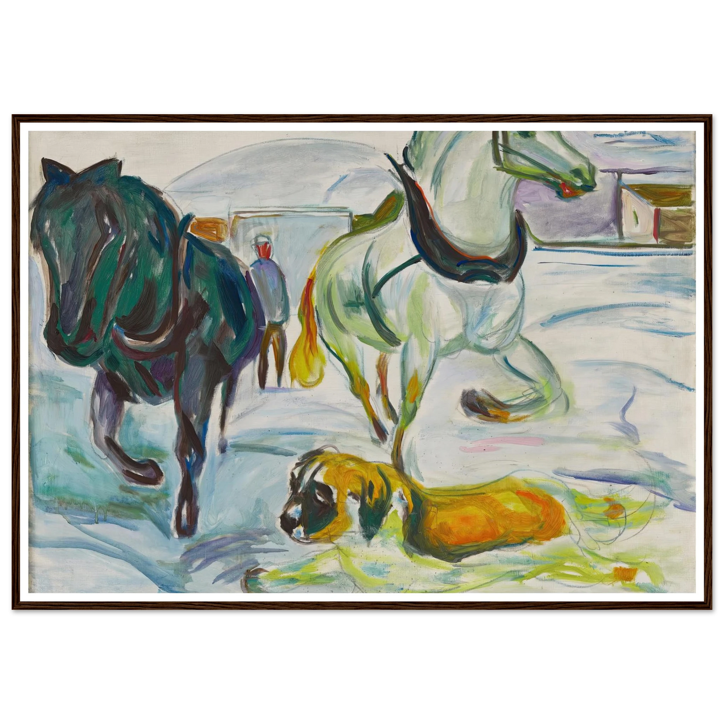 Horse Team and a St. Bernhard in the Snow (1923) Art Print | Edvard Munch - Framed Poster - 30x40 cm / 12x16″ - Black frame