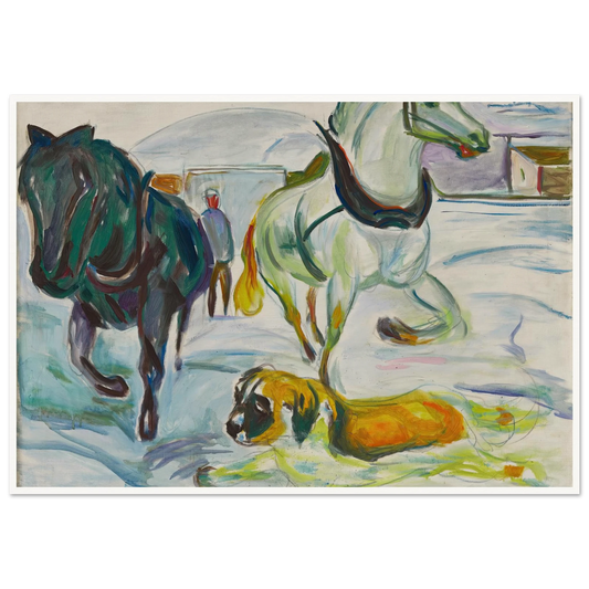 Horse Team and a St. Bernhard in the Snow (1923) Art Print | Edvard Munch - Framed Poster - 30x40 cm / 12x16″ - Black frame