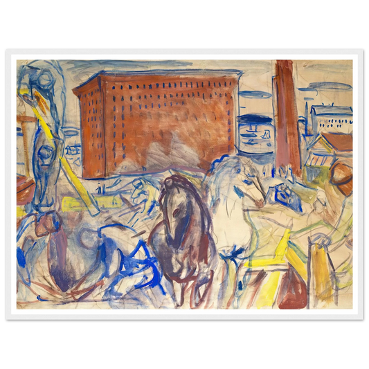 Horse Team on a Building Site (1928–1929) Art Print | Edvard Munch - Framed Poster - 30x40 cm / 12x16″ - Black frame