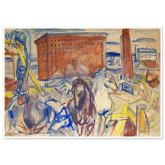 Horse Team on a Building Site (1928–1929) Art Print | Edvard Munch - Framed Poster - 30x40 cm / 12x16″ - Black frame