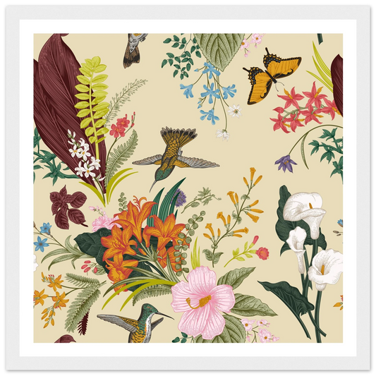 Hummingbird & Calla Bloom Art Print | William Morris Inspired - Framed Poster - 30x30 cm / 12x12″ - Black frame