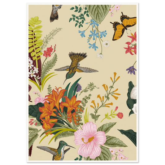 Hummingbird & Calla Bloom Art Print | William Morris Inspired - Framed Poster - 30x30 cm / 12x12″ - Black frame
