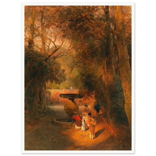 In the park by the fountain of Villa Torlonia in Frascati, near Rome Art Print | Oswald Achenbach - Framed Poster - 30x40 cm / 12x16″ - Black frame