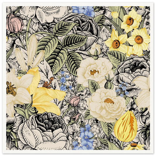 Ink Bloom Layered Art Print | William Morris Inspired - Framed Poster - 30x30 cm / 12x12″ - Black frame