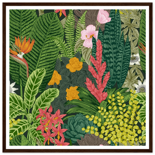 Jungle Terrarium Scene Art Print | William Morris Inspired - Framed Poster - 30x30 cm / 12x12″ - Black frame