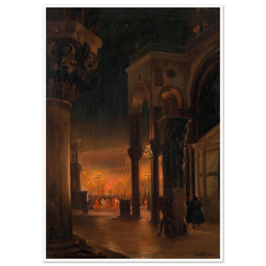 Karneval am Markusplatz in Venedig bei Nacht (1887) Art Print | Josef Hoffmann - Framed Poster - 30x40 cm / 12x16″ - Black frame