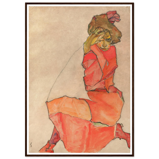 Kneeling Female in Orange-Red Dress (1910) Art Print | Egon Schiele - Framed Poster - 30x40 cm / 12x16″ - Black frame