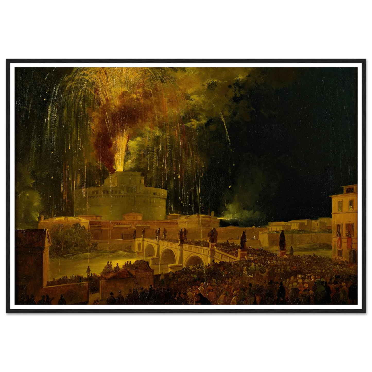 La Girandola Fireworks From Castel Sant’angelo In Rome (1830s) Art Print | Ippolito Caffi - Framed Poster - 30x40 cm / 12x16″ - Black frame