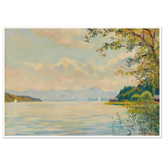Lake Starnberg – distant view (1920) Art Print | Edward Cucuel - Framed Poster - 30x40 cm / 12x16″ - Black frame