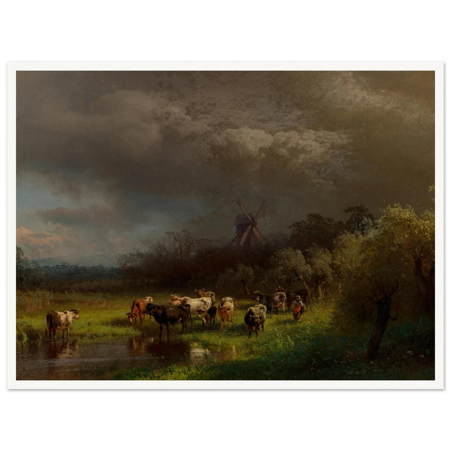 Landscape with a Windmill (1876) Art Print | Hermann Ottomar Herzog - Framed Poster - 30x40 cm / 12x16″ - Black frame