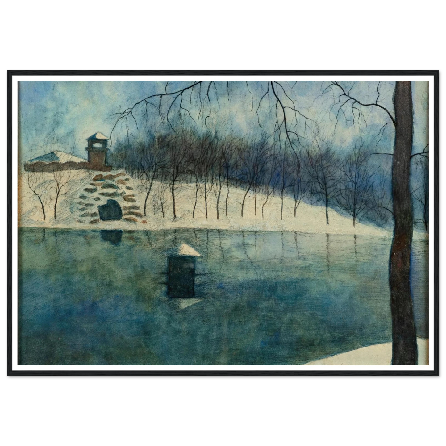 Le parc Léopold d’Ostende avec l’étang et le Trinkhall, sous la neige (1915) Art Print | Leon Spilliaert - Framed Poster - 30x40 cm / 12x16″ - Black frame