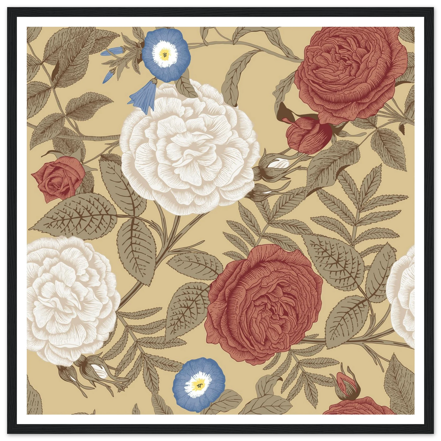 Lime Rose Trellis Art Print | William Morris Inspired - Framed Poster - 30x30 cm / 12x12″ - Black frame