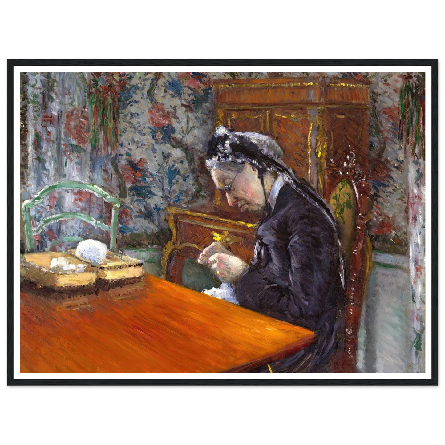 Mademoiselle Boissière Knitting (1877) Art Print | Gustave Caillebotte - Framed Poster - 30x40 cm / 12x16″ - Black frame