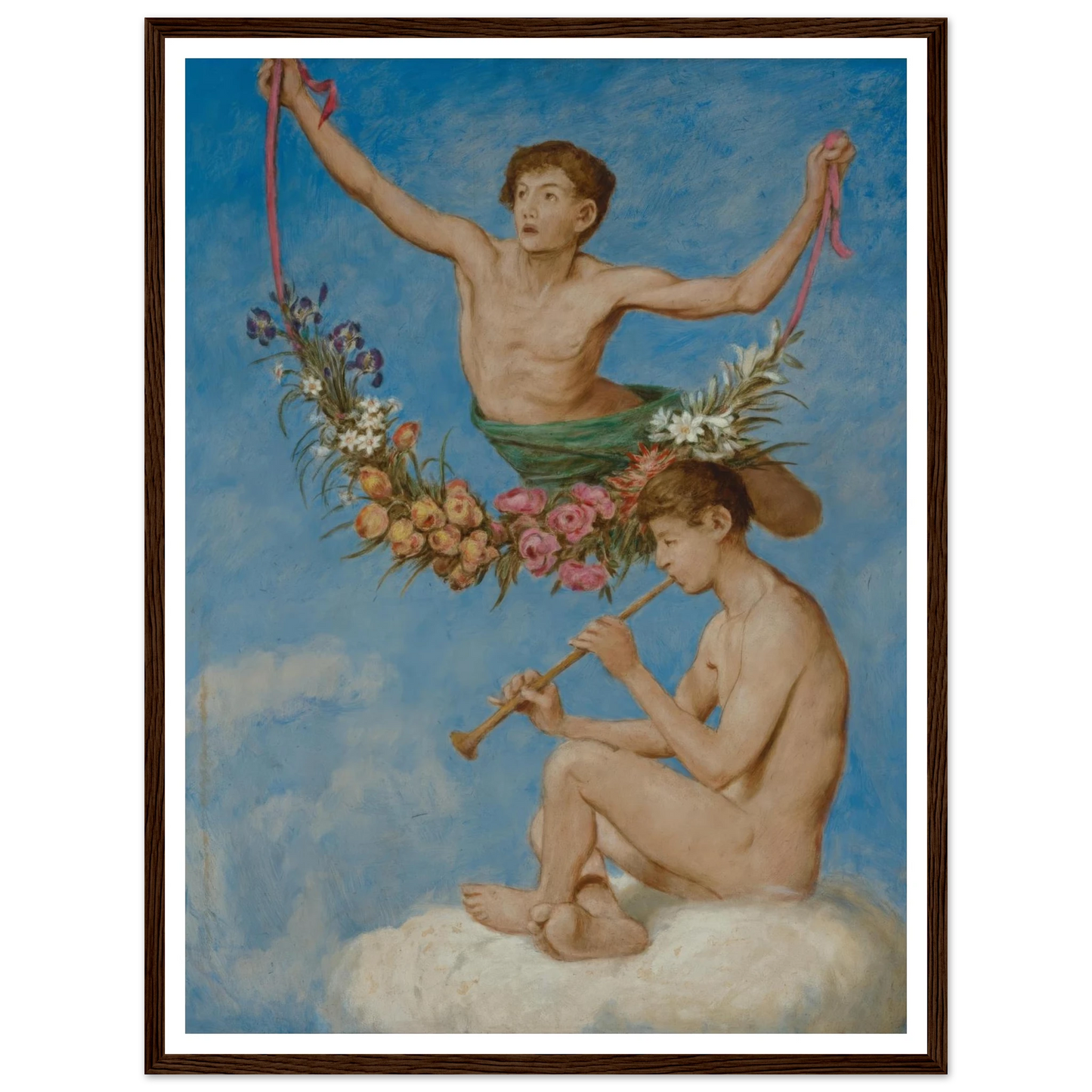 Mai (zwei Jugendliche Genien mit Blumen) (1906) Art Print | Hans Thoma - Framed Poster - 30x40 cm / 12x16″ - Black frame