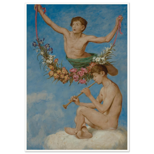Mai (zwei Jugendliche Genien mit Blumen) (1906) Art Print | Hans Thoma - Framed Poster - 30x40 cm / 12x16″ - Black frame