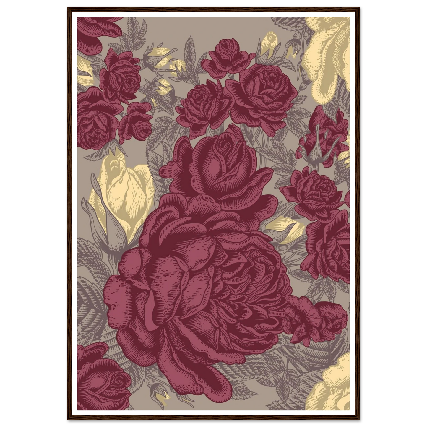 Maroon Rose Posy Art Print | William Morris Inspired - Framed Poster - 30x30 cm / 12x12″ - Black frame