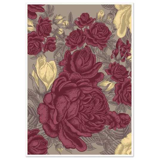Maroon Rose Posy Art Print | William Morris Inspired - Framed Poster - 30x30 cm / 12x12″ - Black frame