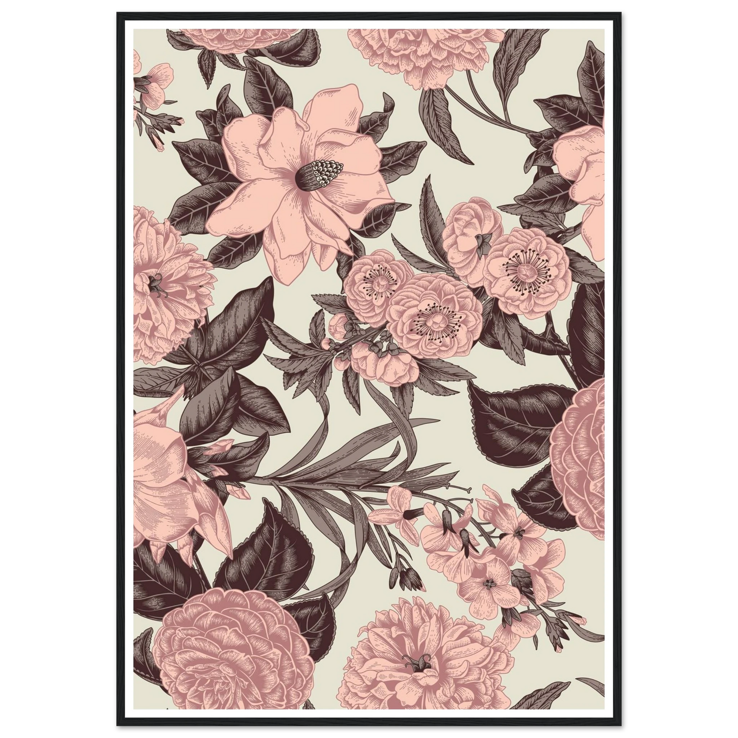 Mauve Magnolia Sketch Art Print | William Morris Inspired - Framed Poster - 30x30 cm / 12x12″ - Black frame