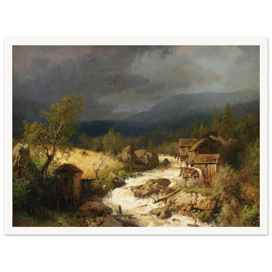Mill on a Torrent (1871) Art Print | Hermann Ottomar Herzog - Framed Poster - 30x40 cm / 12x16″ - Black frame