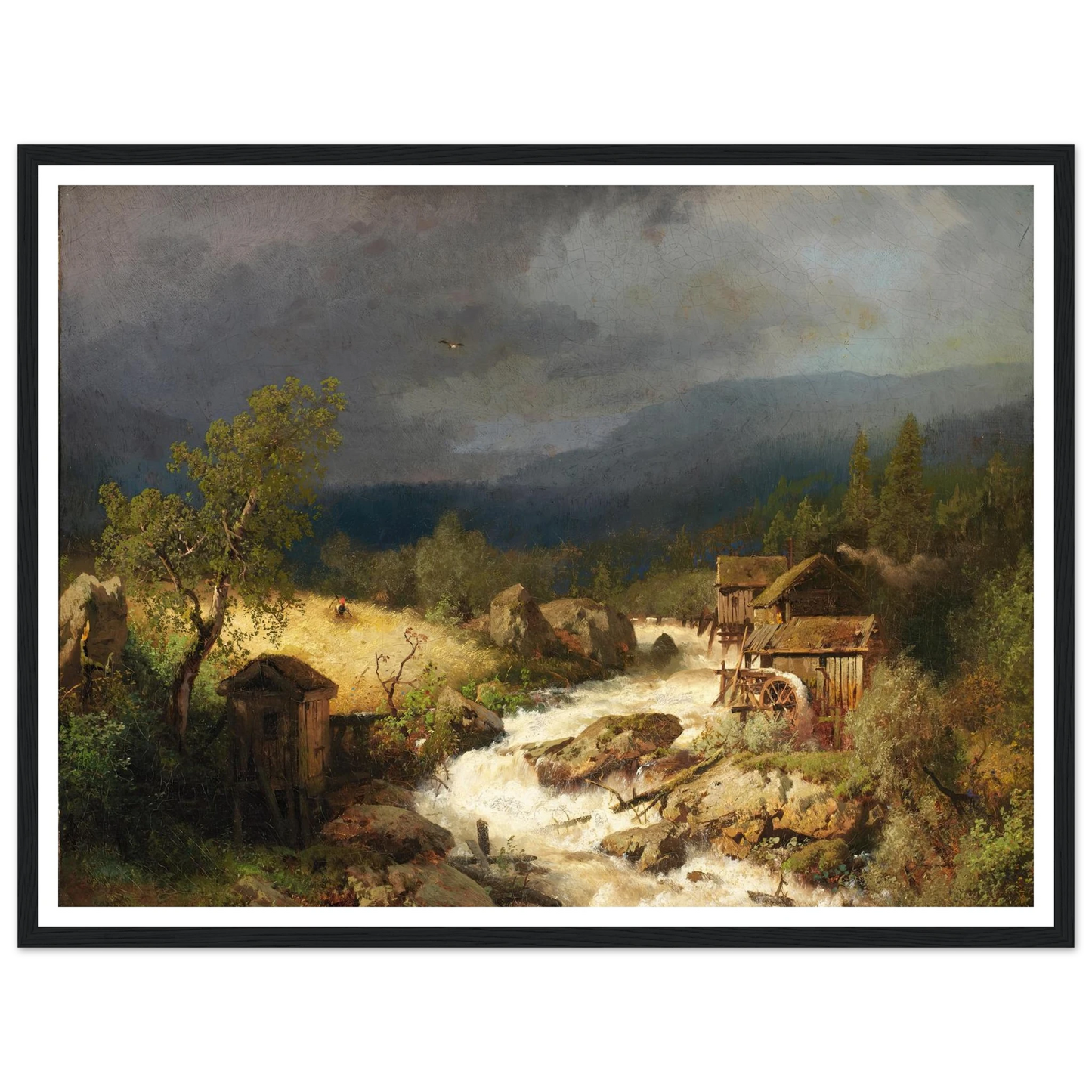 Mill on a Torrent (1871) Art Print | Hermann Ottomar Herzog - Framed Poster - 30x40 cm / 12x16″ - Black frame