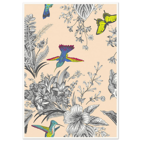 Monochrome Tropical Flight Art Print | William Morris Inspired - Framed Poster - 30x30 cm / 12x12″ - Black frame