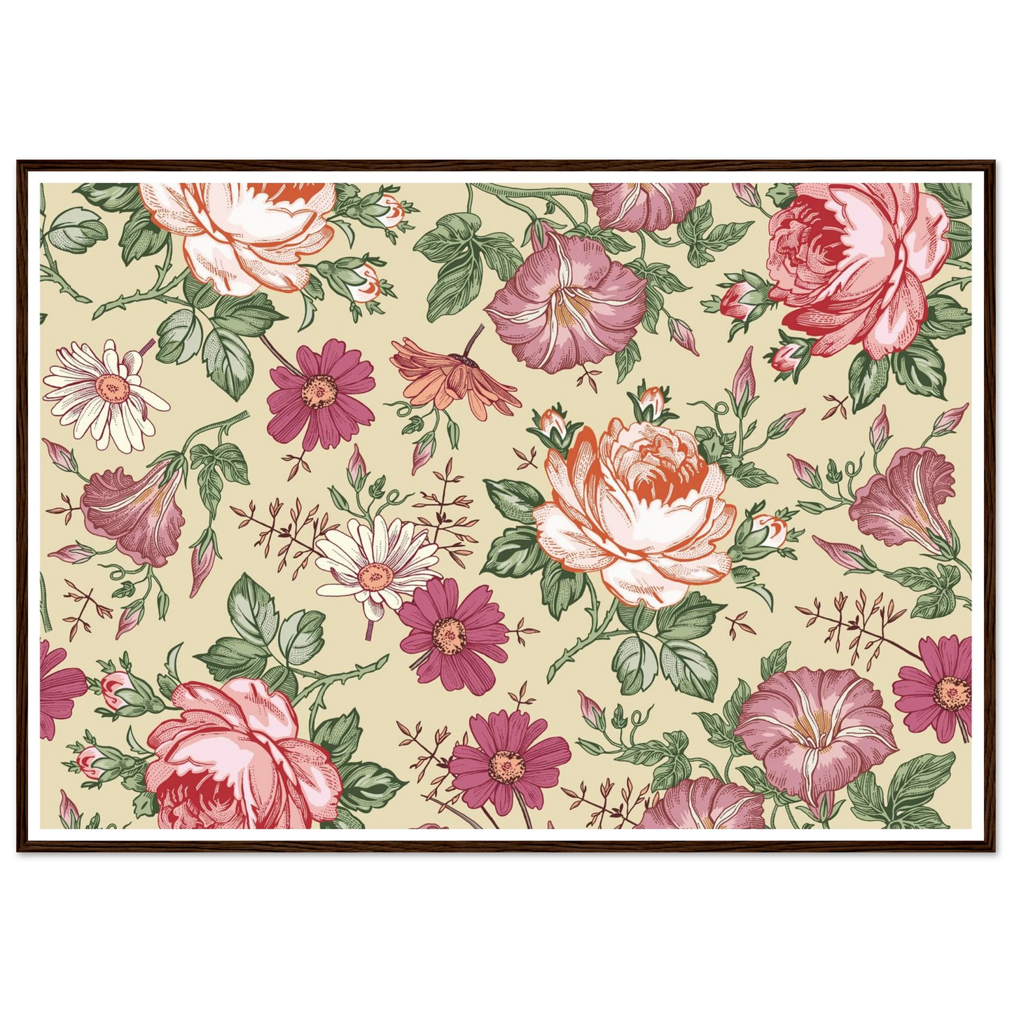 Moss Rose Rambler Art Print | William Morris Inspired - Framed Poster - 30x30 cm / 12x12″ - Black frame