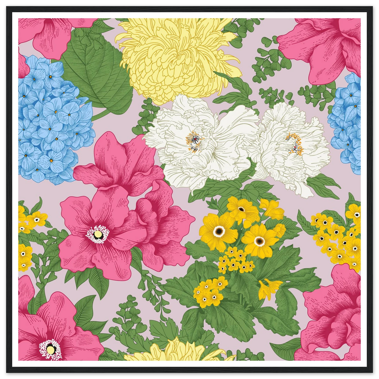 Muted Grey Bouquet Art Print | William Morris Inspired - Framed Poster - 30x30 cm / 12x12″ - Black frame